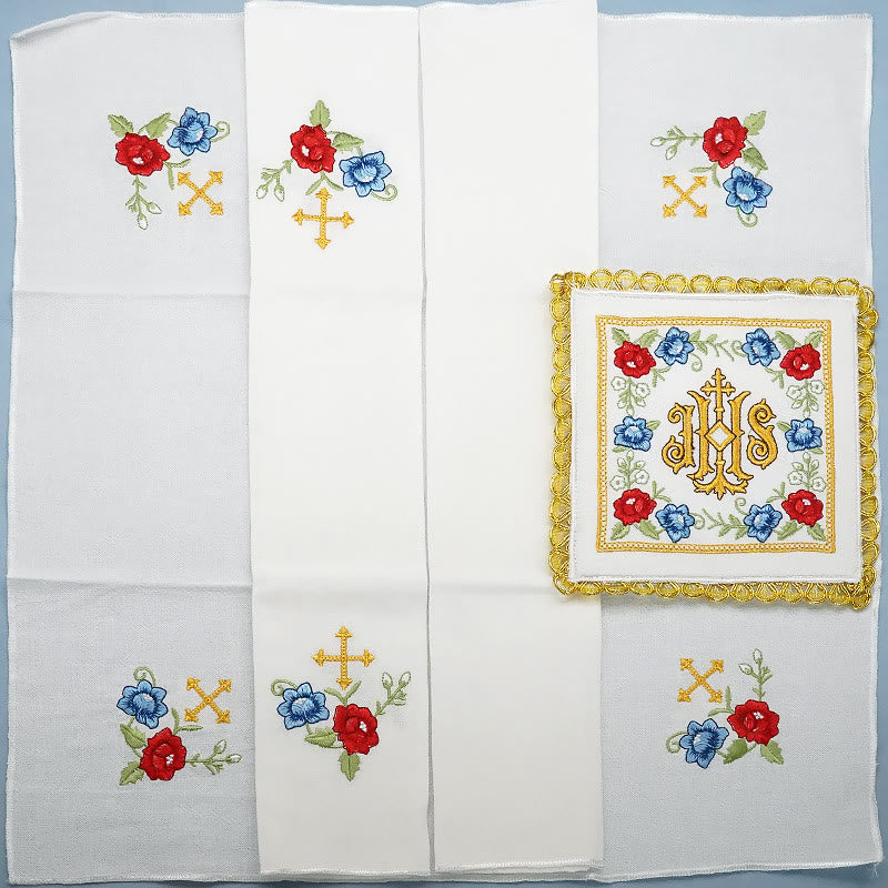 Christianartworkshop Klassischer Stil Heiliges IHS-Altar-Leinenset mit Blumenmotiv