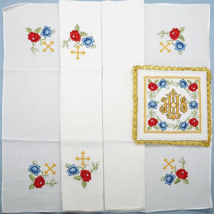 Christianartworkshop Klassischer Stil Heiliges IHS-Altar-Leinenset mit Blumenmotiv