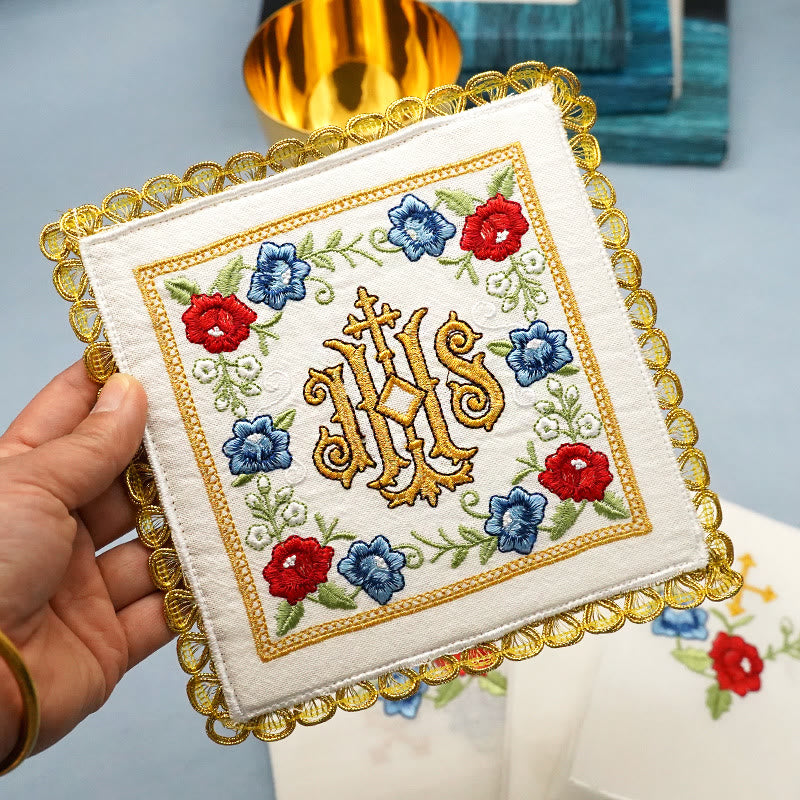 Christianartworkshop Klassischer Stil Heiliges IHS-Altar-Leinenset mit Blumenmotiv
