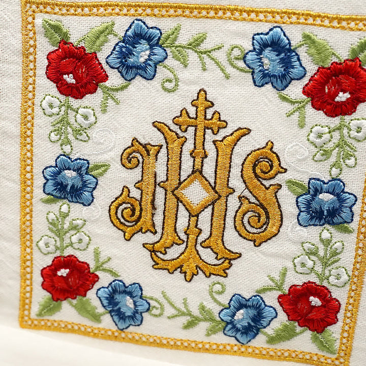 Christianartworkshop Klassischer Stil Heiliges IHS-Altar-Leinenset mit Blumenmotiv