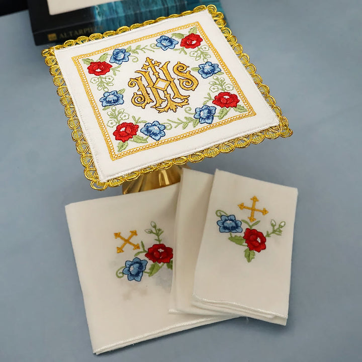 Christianartworkshop Klassischer Stil Heiliges IHS-Altar-Leinenset mit Blumenmotiv