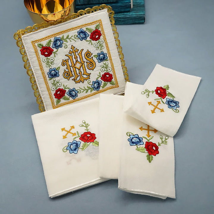 Christianartworkshop Klassischer Stil Heiliges IHS-Altar-Leinenset mit Blumenmotiv