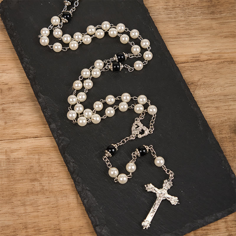 Christianartworkshop Rosenkranz mit unbeflecktem Herzen Mariens und Kruzifix, rund, 8 mm, weiße Kette aus Acryllegierung