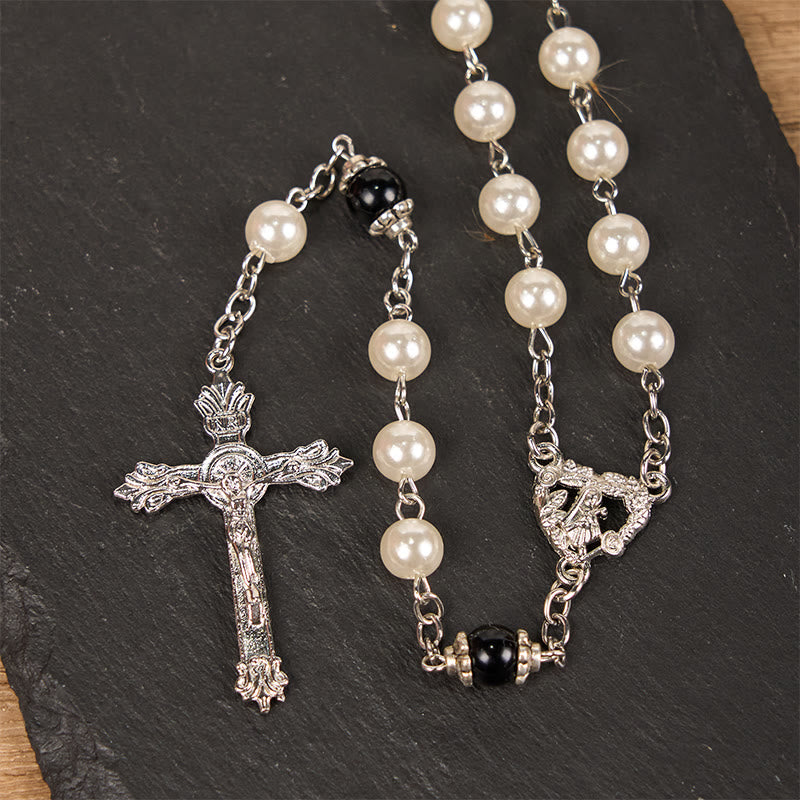Christianartworkshop Rosenkranz mit unbeflecktem Herzen Mariens und Kruzifix, rund, 8 mm, weiße Kette aus Acryllegierung