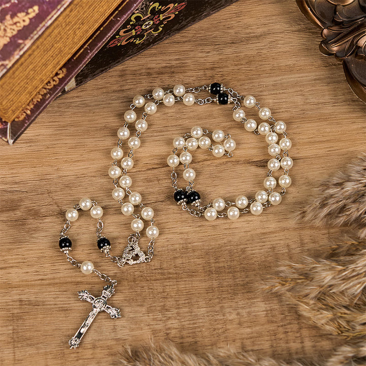 Christianartworkshop Rosenkranz mit unbeflecktem Herzen Mariens und Kruzifix, rund, 8 mm, weiße Kette aus Acryllegierung