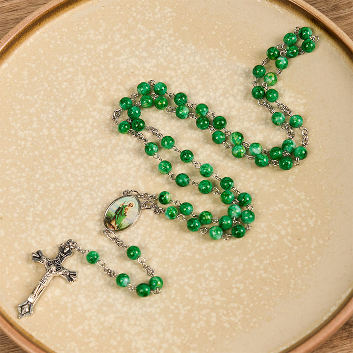 Christianartworkshop Rosenkranzkette mit St. Judas und Kruzifix, rund, 8 mm, grüne Glaslegierung