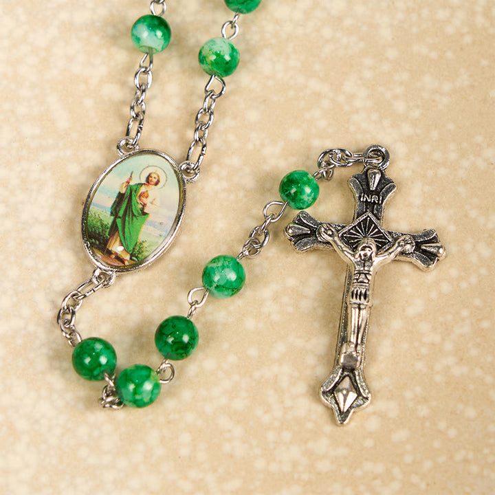 Christianartworkshop Rosenkranzkette mit St. Judas und Kruzifix, rund, 8 mm, grüne Glaslegierung