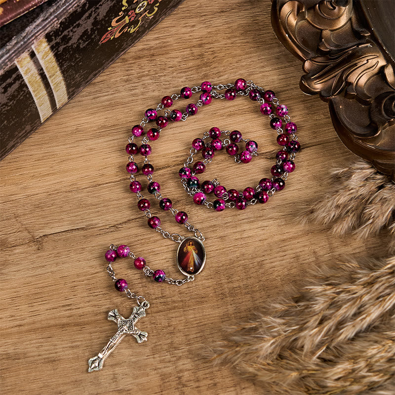 Christianartworkshop Rosenkranz mit Göttlicher Barmherzigkeit und Kruzifix, 8 mm rund, violett, Glaslegierung