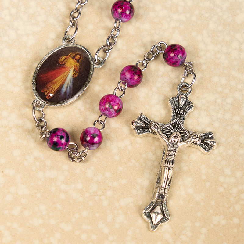 Christianartworkshop Rosenkranz mit Göttlicher Barmherzigkeit und Kruzifix, 8 mm rund, violett, Glaslegierung