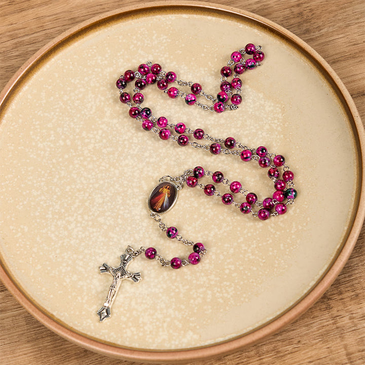 Christianartworkshop Rosenkranz mit Göttlicher Barmherzigkeit und Kruzifix, 8 mm rund, violett, Glaslegierung