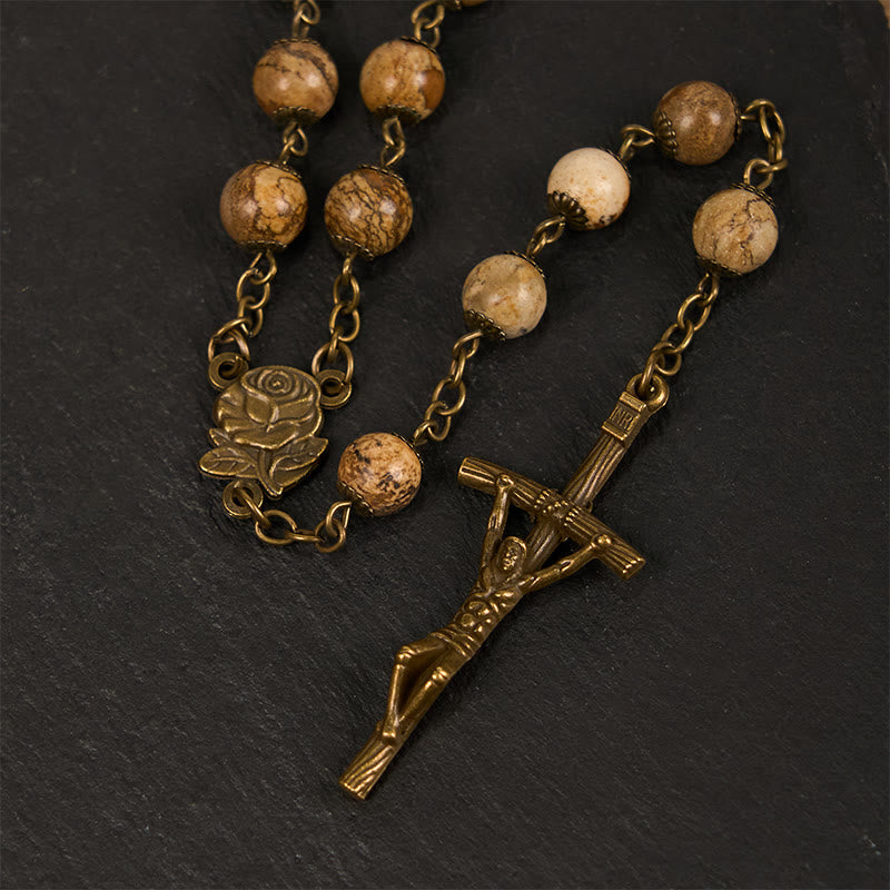 Christianartworkshop Rosenkranz mit Rose und Kruzifix aus 8 mm rundem braunem Stein, Legierungskette