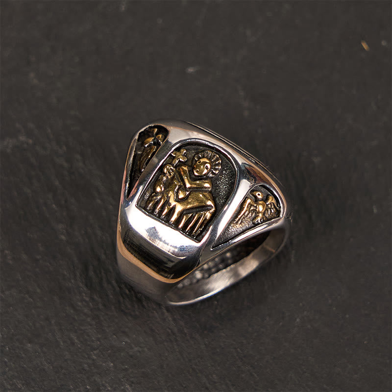Christianartworkshop Ring im klassischen Stil mit dem Heiligen Benediktkreuz und dem göttlichen Glauben