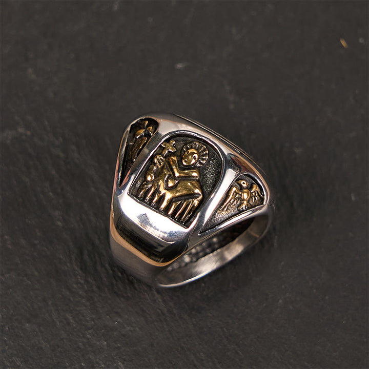 Christianartworkshop Ring im klassischen Stil mit dem Heiligen Benediktkreuz und dem göttlichen Glauben