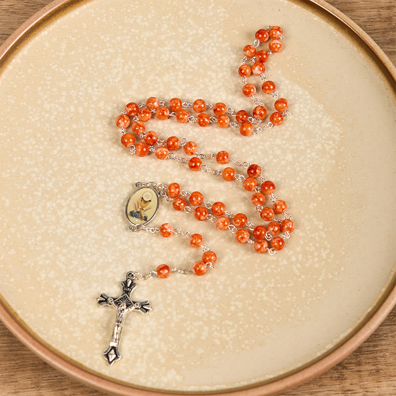 Christianartworkshop Rosenkranz zur Heiligen Kommunion und Kruzifix, 8 mm, rund, orangefarbene Kette aus Glaslegierung