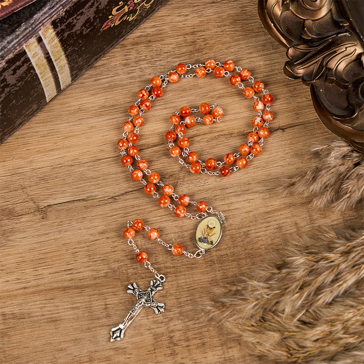 Christianartworkshop Rosenkranz zur Heiligen Kommunion und Kruzifix, 8 mm, rund, orangefarbene Kette aus Glaslegierung