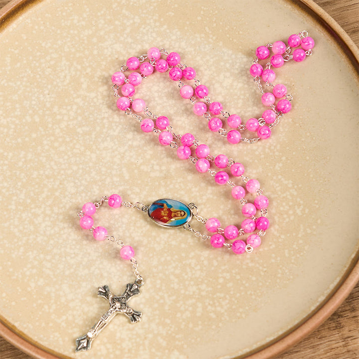 Christianartworkshop Rosenkranzkette mit dem Unbefleckten Herzen Mariens und Kruzifix, rund, 8 mm, rosa Glaslegierung