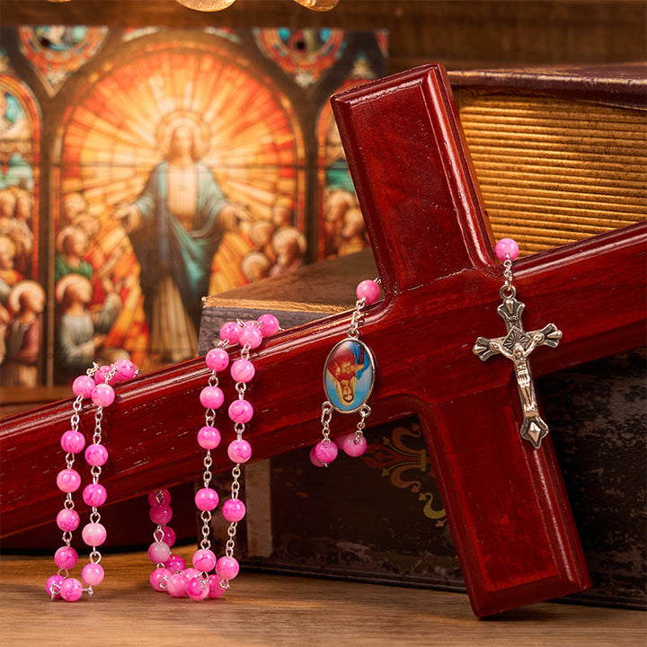 Christianartworkshop Rosenkranzkette mit dem Unbefleckten Herzen Mariens und Kruzifix, rund, 8 mm, rosa Glaslegierung