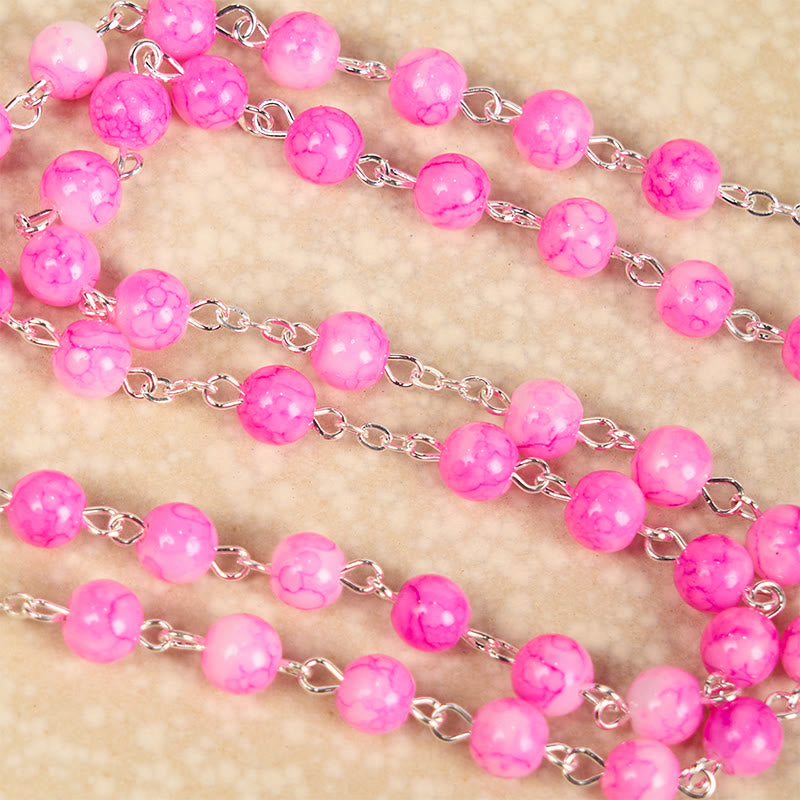 Christianartworkshop Rosenkranzkette mit dem Unbefleckten Herzen Mariens und Kruzifix, rund, 8 mm, rosa Glaslegierung