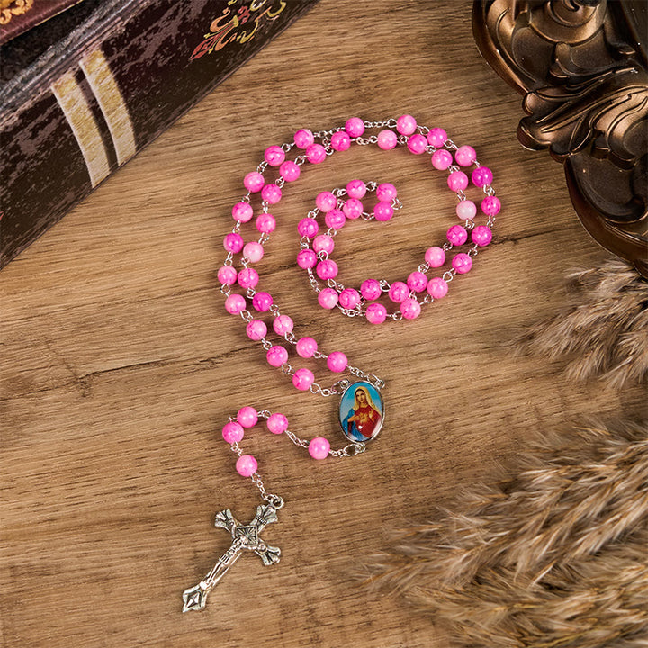 Christianartworkshop Rosenkranzkette mit dem Unbefleckten Herzen Mariens und Kruzifix, rund, 8 mm, rosa Glaslegierung