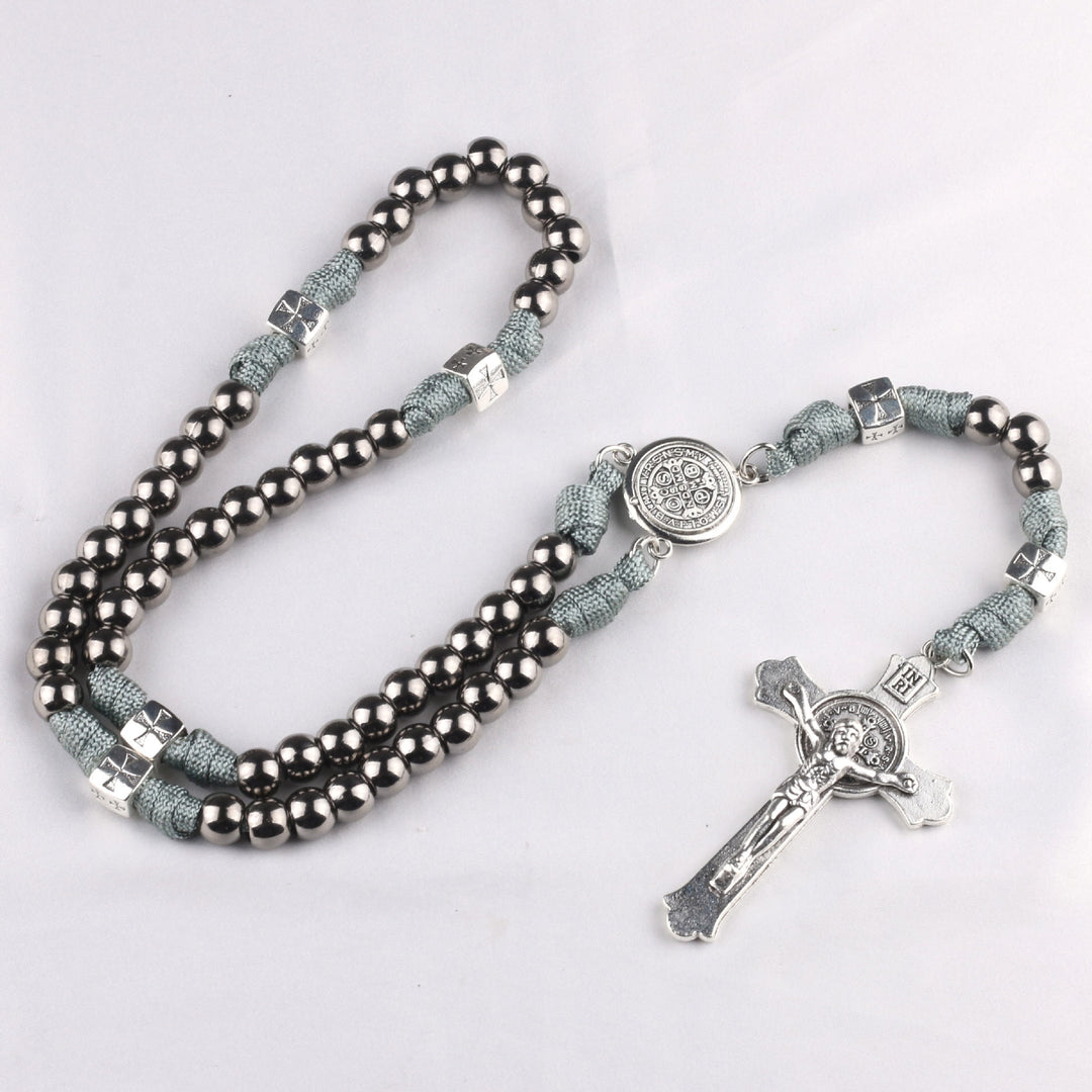 Christianartworkshop St. Benedikt-Medaille und Kruzifix aus 10 mm rundem, mehrfarbigem Paracord-Rosenkranz - Silber - image 3