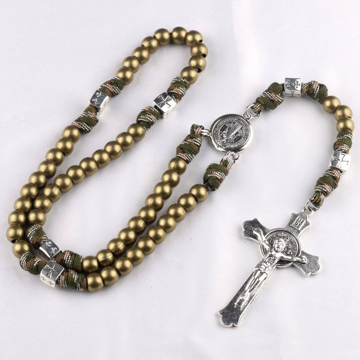Christianartworkshop St. Benedikt-Medaille und Kruzifix aus 10 mm rundem, mehrfarbigem Paracord-Rosenkranz - Bronze - image 2