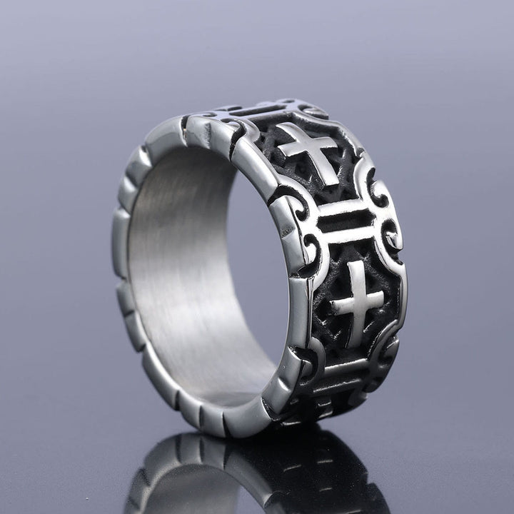 Christianartworkshop Ring aus Edelstahl im Retro-Stil mit Kreuzgravur, Glaubensschutz