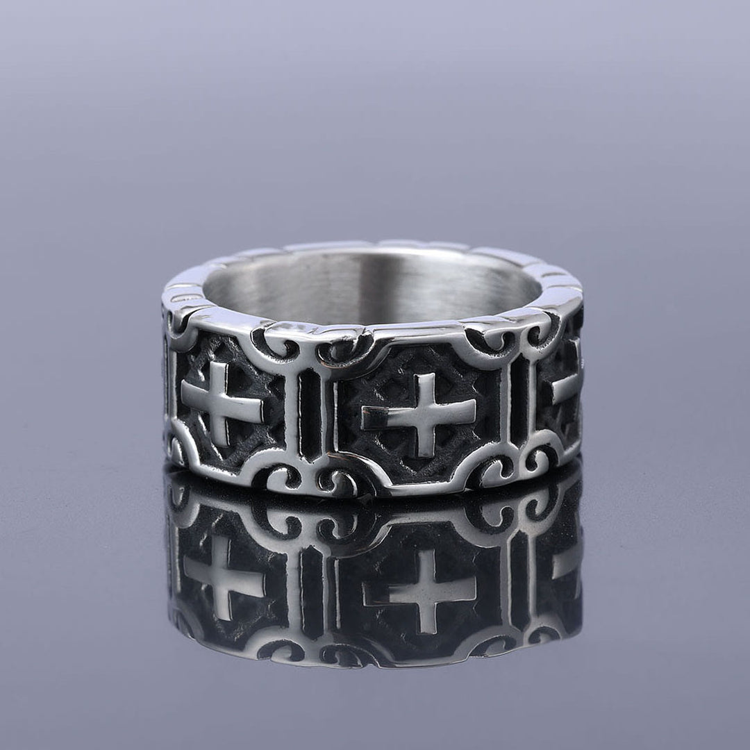 Christianartworkshop Ring aus Edelstahl im Retro-Stil mit Kreuzgravur, Glaubensschutz