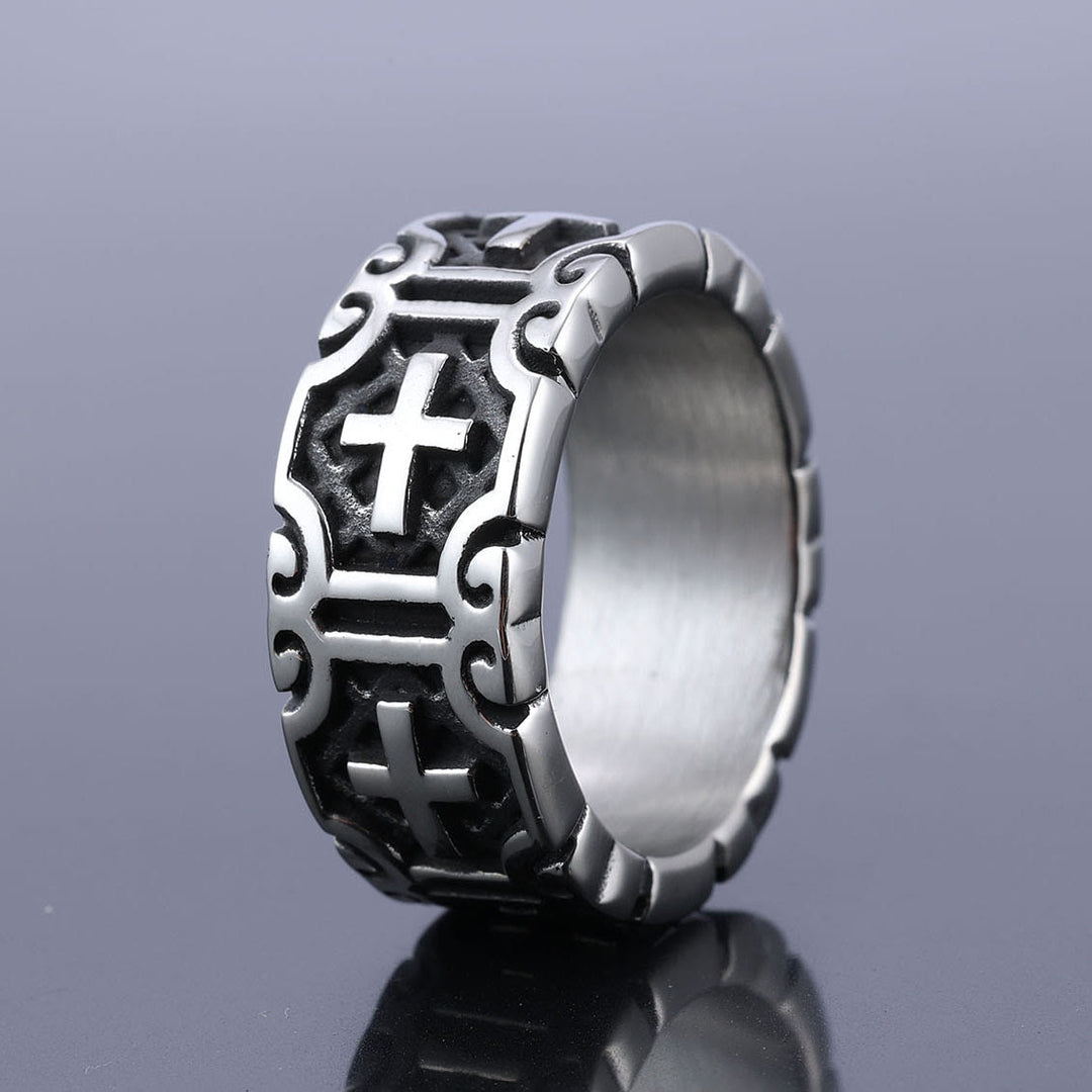 Christianartworkshop Ring aus Edelstahl im Retro-Stil mit Kreuzgravur, Glaubensschutz