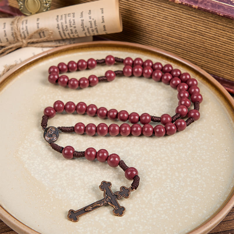 Christianartworkshop Rosenkranz Madonna mit Kind und Kruzifix aus 10 mm rundem rotem Holz mit Nylonschnur