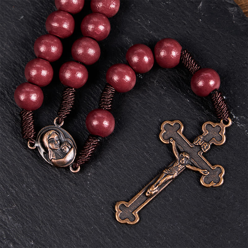 Christianartworkshop Rosenkranz Madonna mit Kind und Kruzifix aus 10 mm rundem rotem Holz mit Nylonschnur