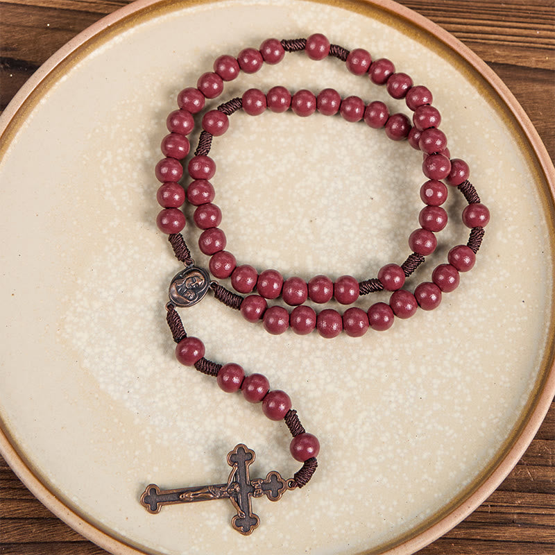 Christianartworkshop Rosenkranz Madonna mit Kind und Kruzifix aus 10 mm rundem rotem Holz mit Nylonschnur