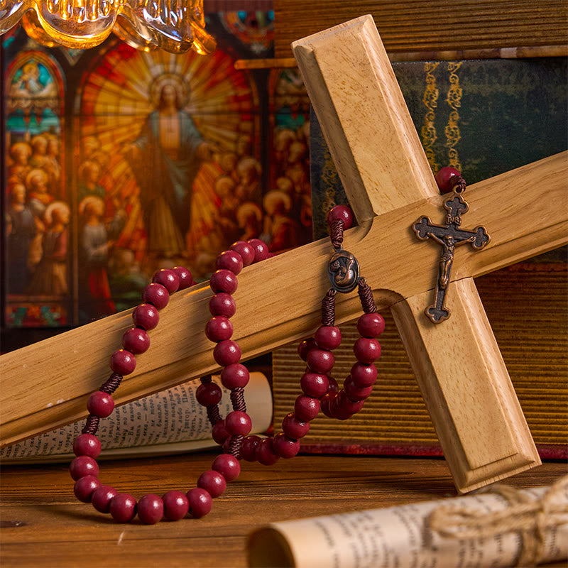 Christianartworkshop Rosenkranz Madonna mit Kind und Kruzifix aus 10 mm rundem rotem Holz mit Nylonschnur