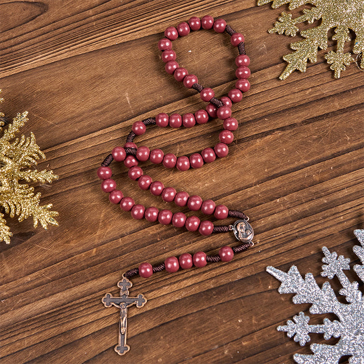 Christianartworkshop Rosenkranz Madonna mit Kind und Kruzifix aus 10 mm rundem rotem Holz mit Nylonschnur