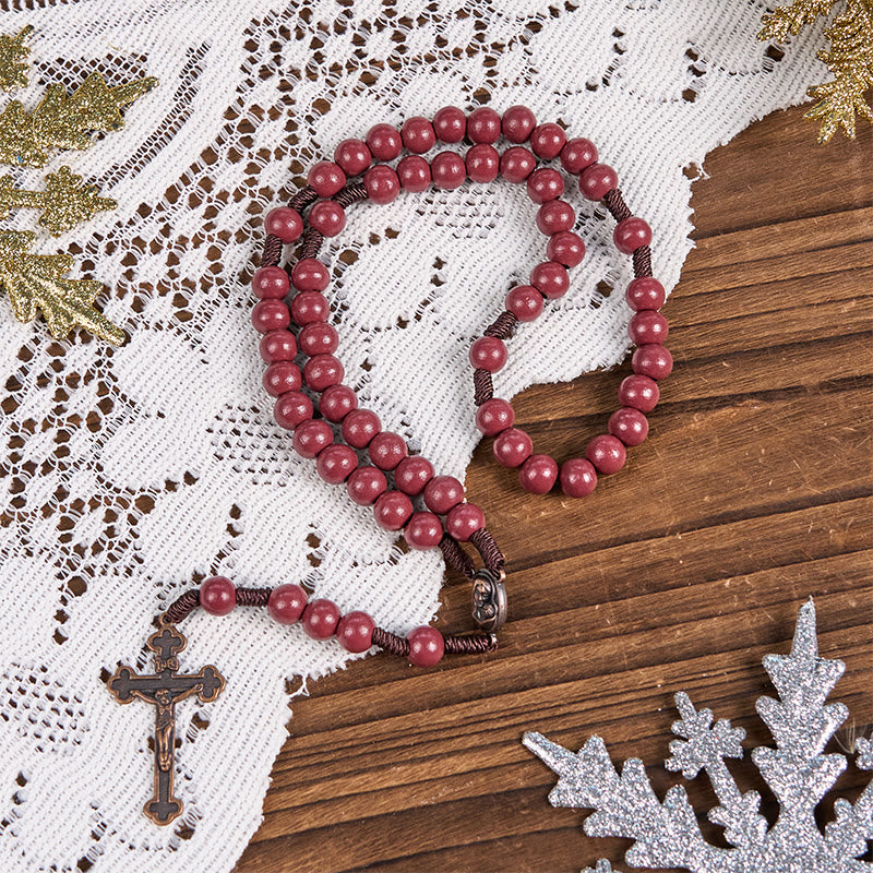 Christianartworkshop Rosenkranz Madonna mit Kind und Kruzifix aus 10 mm rundem rotem Holz mit Nylonschnur