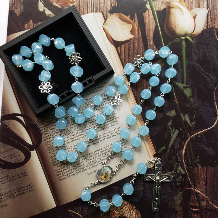 Christianartworkshop Rosenkranz mit Kette aus blauer Acryllegierung der Heiligen Familie und Kruzifix, 10 mm, Polyeder