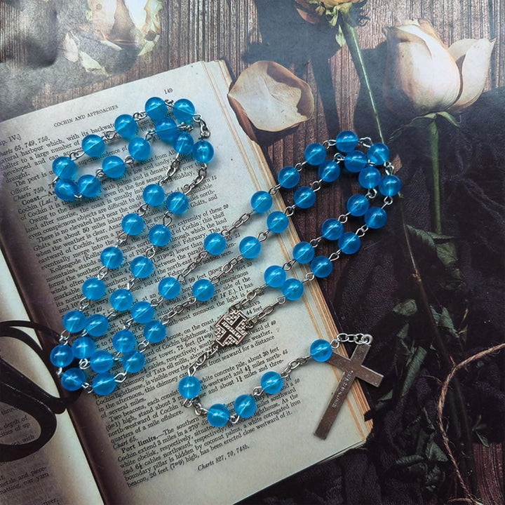 Christianartworkshop Jerusalem-Medaille und Kruzifix, 8 mm rund, blaue Kette aus Acryllegierung, Rosenkranz