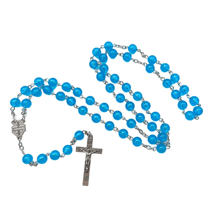 Christianartworkshop Jerusalem-Medaille und Kruzifix, 8 mm rund, blaue Kette aus Acryllegierung, Rosenkranz