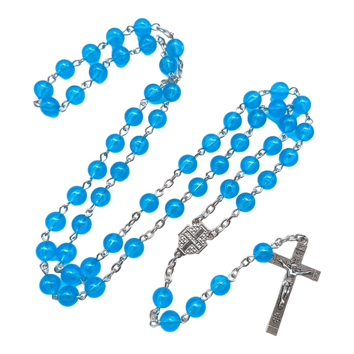 Christianartworkshop Jerusalem-Medaille und Kruzifix, 8 mm rund, blaue Kette aus Acryllegierung, Rosenkranz