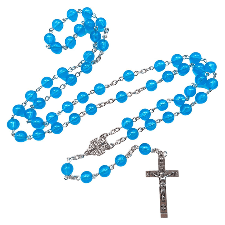 Christianartworkshop Jerusalem-Medaille und Kruzifix, 8 mm rund, blaue Kette aus Acryllegierung, Rosenkranz
