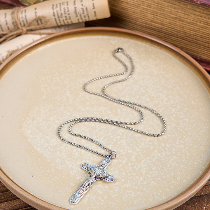 Christianartworkshop Halskette mit Anhänger im Retro-Stil, altes Handwerk, Jesus-Kruzifix und Engeln