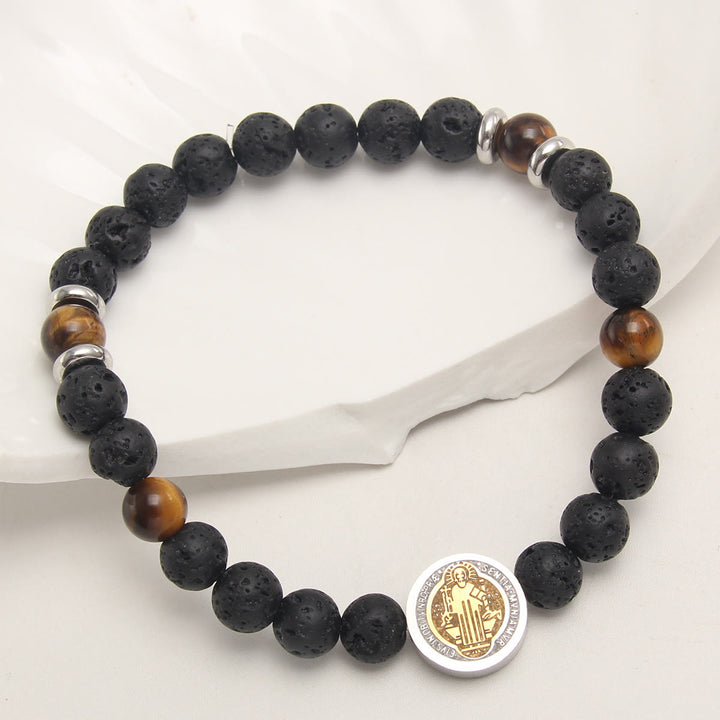 Christianartworkshop Armband mit Vulkanstein, gelbes Tigerauge, Heiliger Benedikt