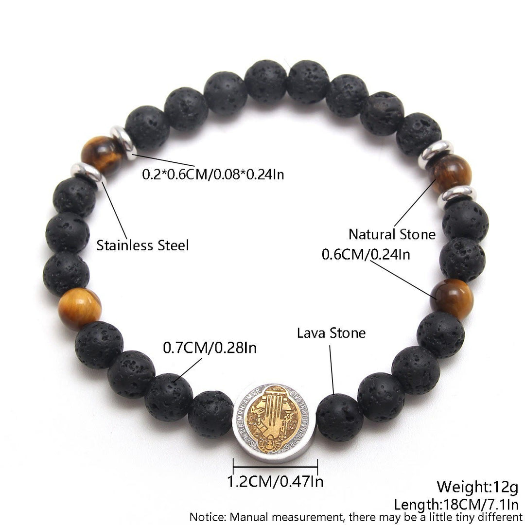 Christianartworkshop Armband mit Vulkanstein, gelbes Tigerauge, Heiliger Benedikt