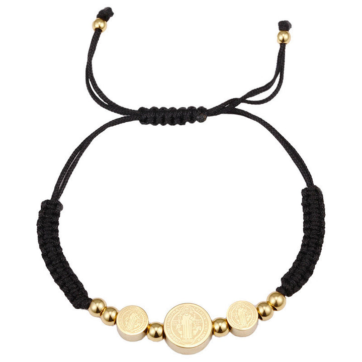 Christianartworkshop Edelstahl geflochtenes Armband mit St. Benedikt-Anhänger in schwarzer Kordel