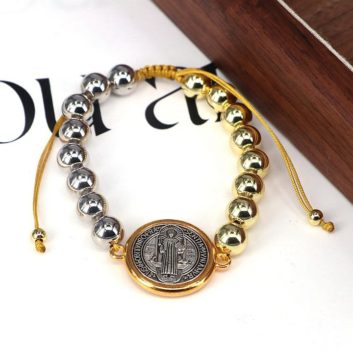 Christianartworkshop Kupferperlen St. Benedikt-Medaille Zweifarbiges verstellbares Armband