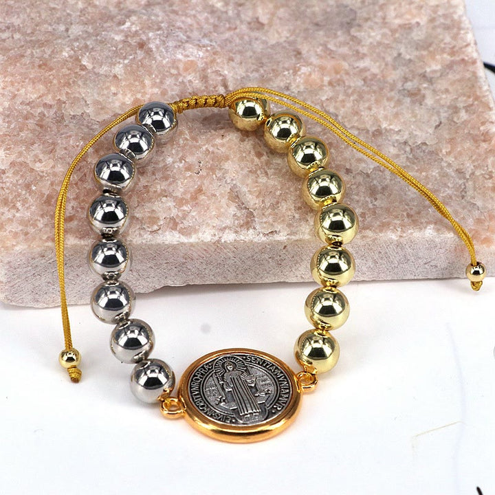 Christianartworkshop Kupferperlen St. Benedikt-Medaille Zweifarbiges verstellbares Armband