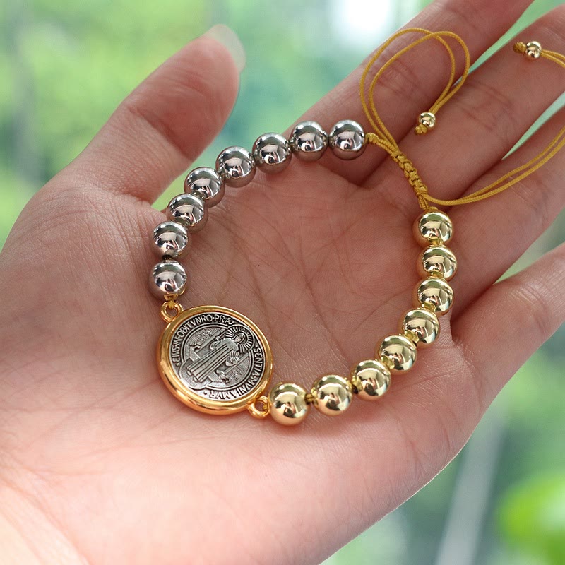 Christianartworkshop Kupferperlen St. Benedikt-Medaille Zweifarbiges verstellbares Armband