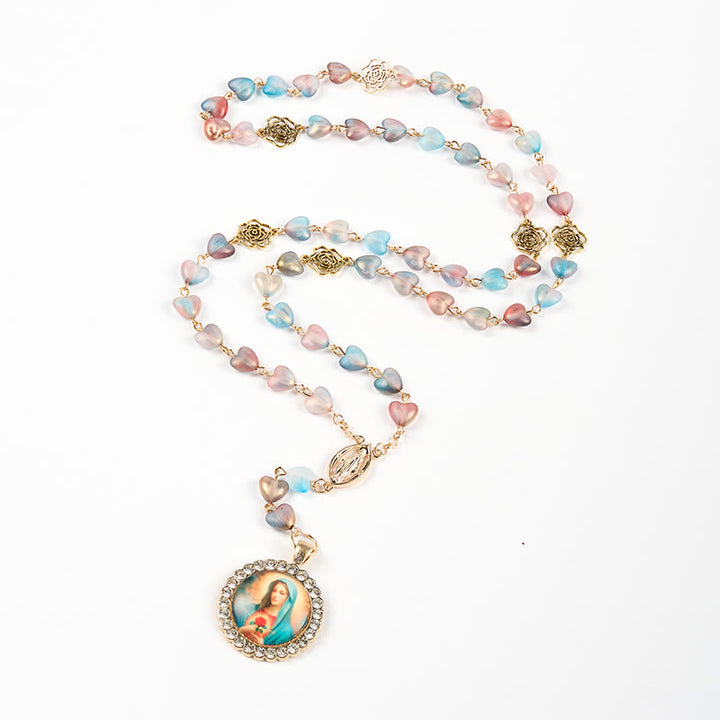 Christianartworkshop Wundertätige Medaille und makelloses Herz aus 10 mm Herzrose, mehrfarbige Kette aus Glaslegierung, Rosenkranz