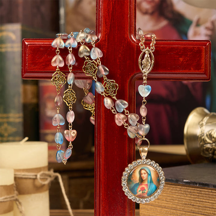 Christianartworkshop Wundertätige Medaille und makelloses Herz aus 10 mm Herzrose, mehrfarbige Kette aus Glaslegierung, Rosenkranz