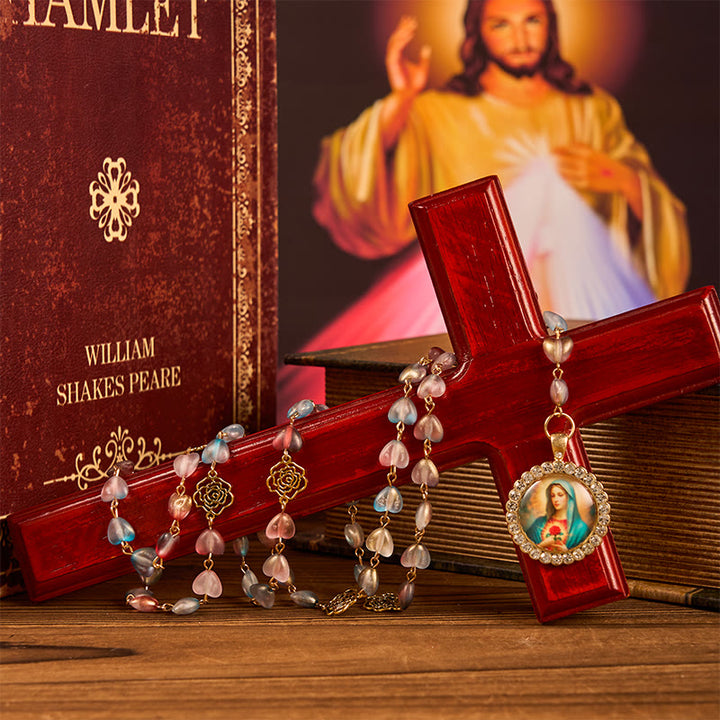 Christianartworkshop Wundertätige Medaille und makelloses Herz aus 10 mm Herzrose, mehrfarbige Kette aus Glaslegierung, Rosenkranz