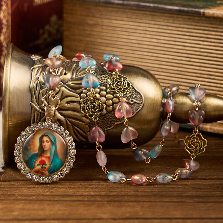 Christianartworkshop Wundertätige Medaille und makelloses Herz aus 10 mm Herzrose, mehrfarbige Kette aus Glaslegierung, Rosenkranz